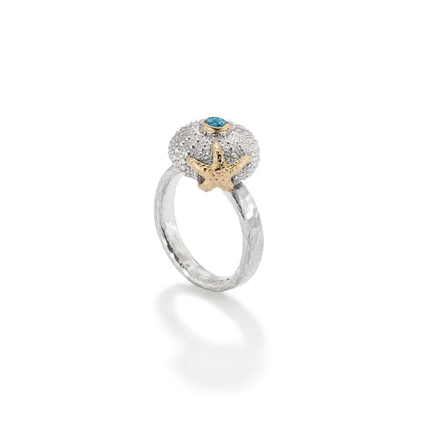 Sea Urchin Starfish Ring Blue Topaz in Sterling Silver and 18K Gold