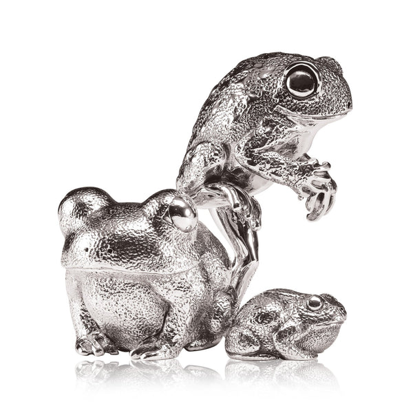 Toad Sitting Sculpture in Sterling Silver - Medium and Toad Baby Sitting Sculpture in Sterling Silver and Toad Standing Sculpture in Sterling Silver