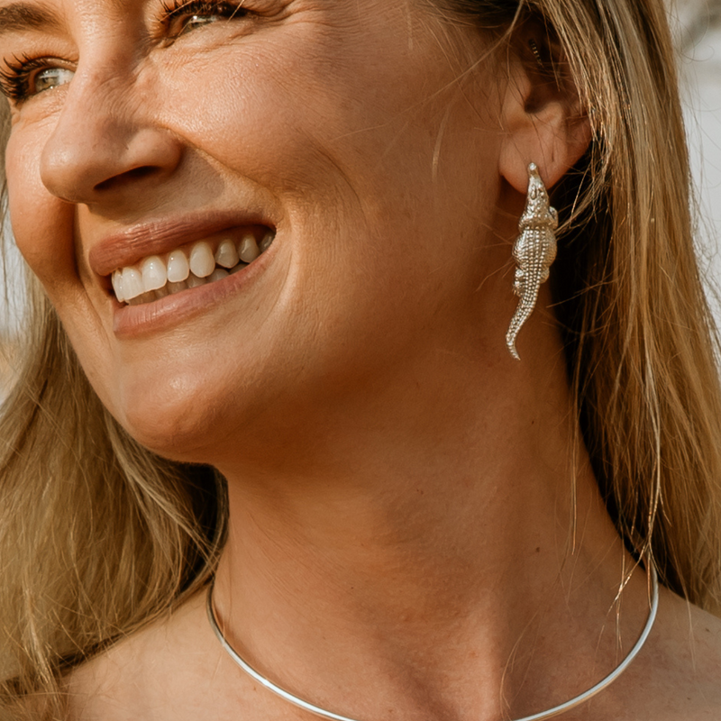 Croc Hornback Dangle Earrings in Silver