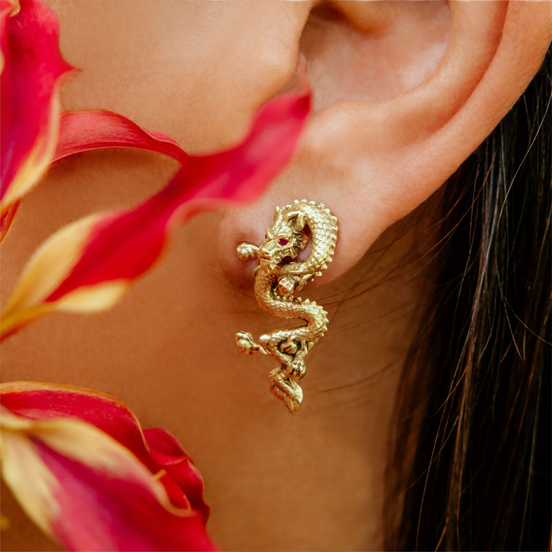 Dragon Zodiac Ruby Eyes Earrings in 18K Gold