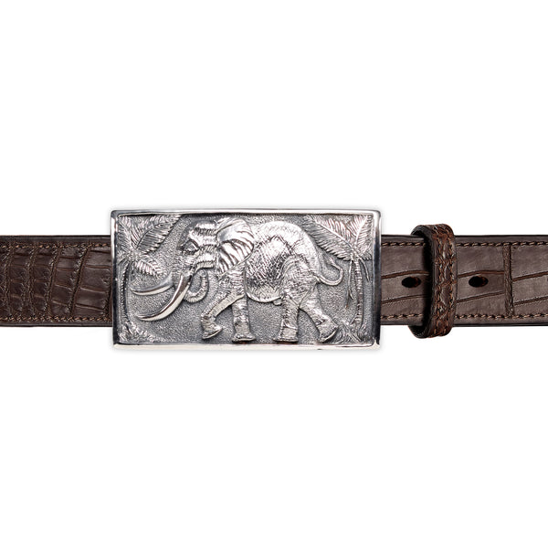 Elephant 100 Pounder Belt Buckle in Sterling Silver and Brown Crocodile Skin Leather Belt Strap
