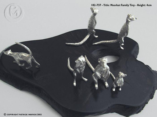 Meerkat Family Sculptures in Sterling Silver on Zimbabwean Blackwood base - Miniature