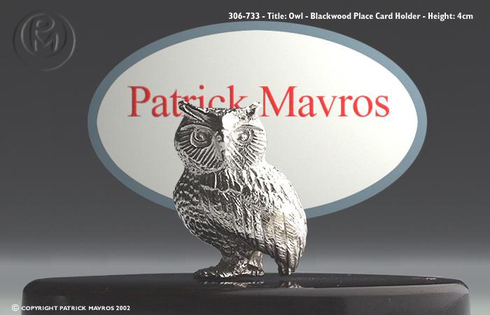 Owl Place Card Holder in Sterling Silver on Zimbabwean Blackwood base