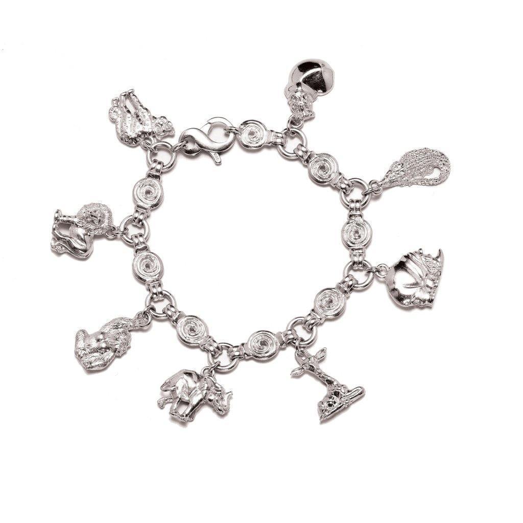 Adjustable sterling silver charm bracelet with cz balls and trinkets -