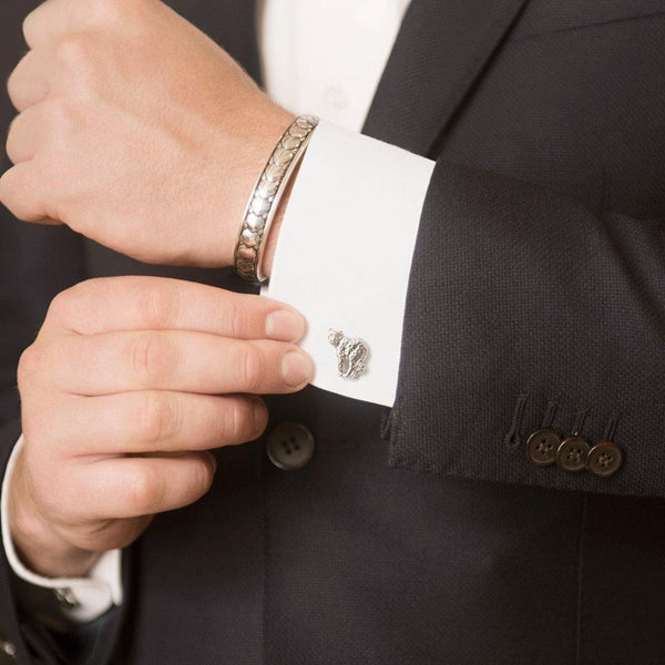 Model Wearing Cheetah Cufflinks in Sterling Silver and Pangolin Shield Bangle in Sterling Silver