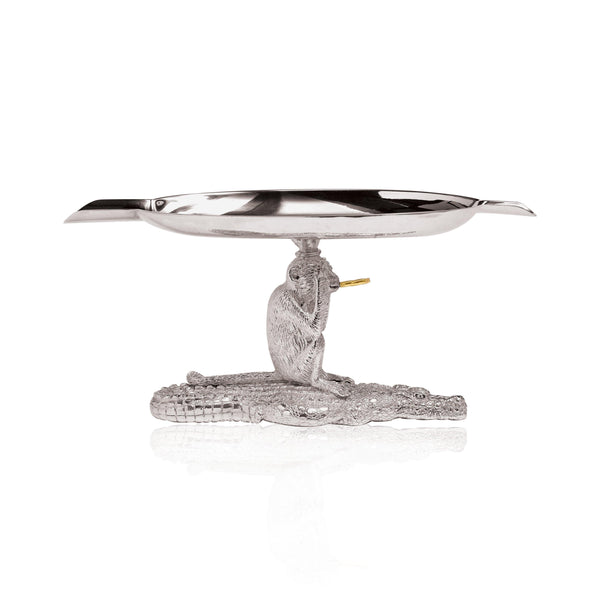 Crocodile & Monkey Ashtray in Sterling Silver with 18K Gold Cigar