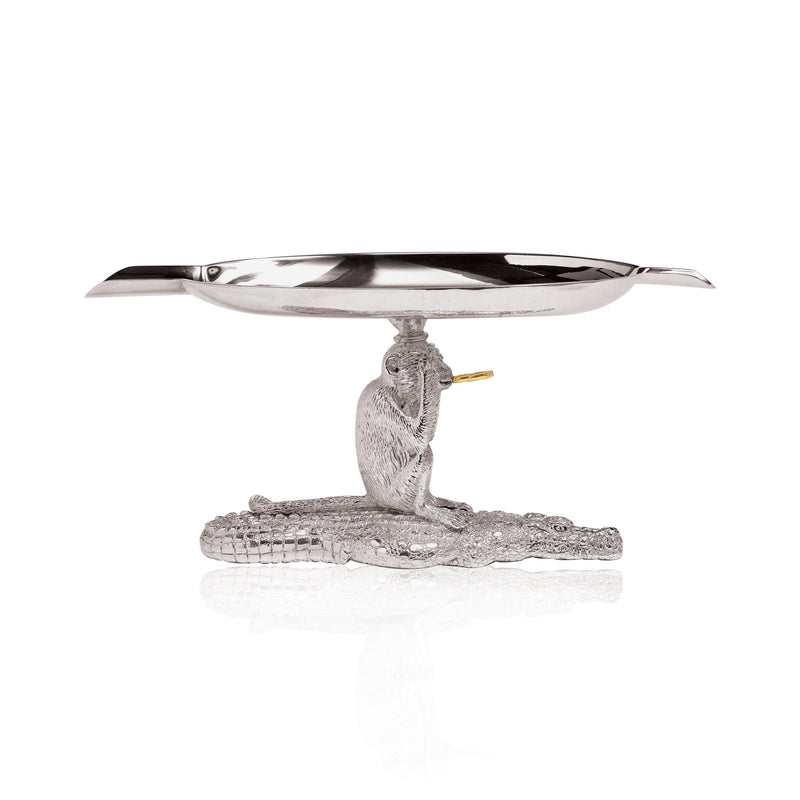 Crocodile & Monkey Ashtray in Sterling Silver with 18K Gold Cigar