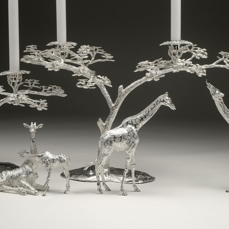 Fari Tree (Acacia) Candle Holder I in Sterling Silver and Giraffe Walking Sculpture in Sterling Silver