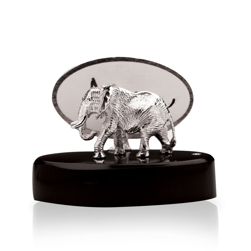 Elephant Bull Place Card Holder in Sterling Silver on Zimbabwean Blackwood base