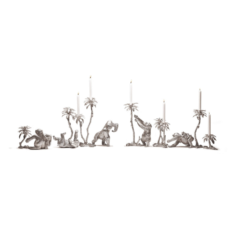 Equatorial Palm Tree Candelabra & Gorilla Family Sculpture in Sterling Silver