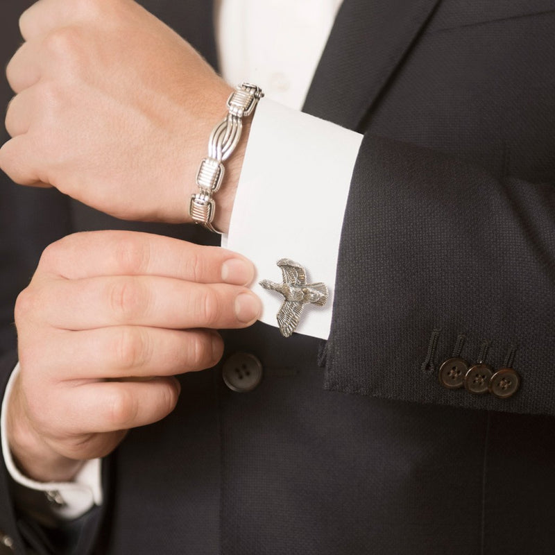 Model Wearing Grouse Cufflinks in Sterling Silver and Mens Elephant Hair Bangle in Sterling Silver