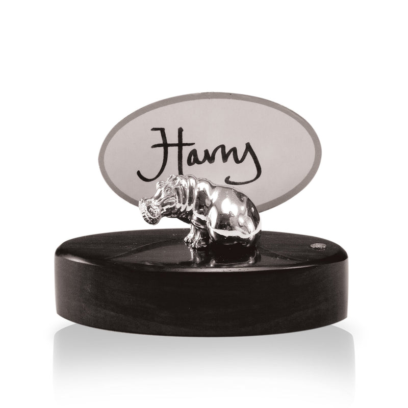 Hippo Sitting Place Card Holder in Sterling Silver on Zimbabwean Blackwood base