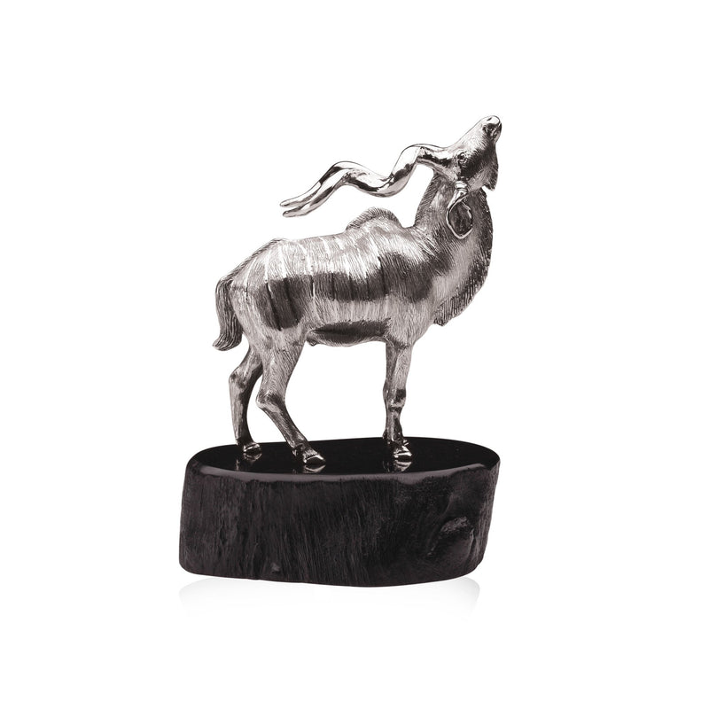 Kudu Bull Sculpture in Sterling Silver on Zimbabwean Blackwood base - Large