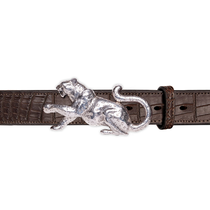 Leopard Belt Buckle in Sterling Silver and Brown Crocodile Leather Belt Strap