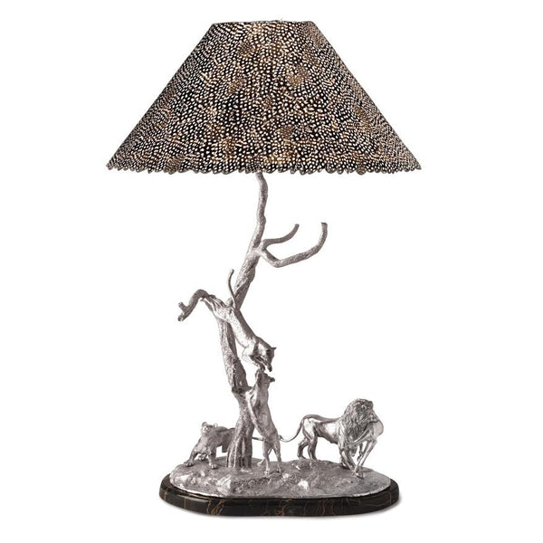 The Lion & Leopard Lamp No.2 in Sterling Silver with Guinea Fowl Feather Lampshade