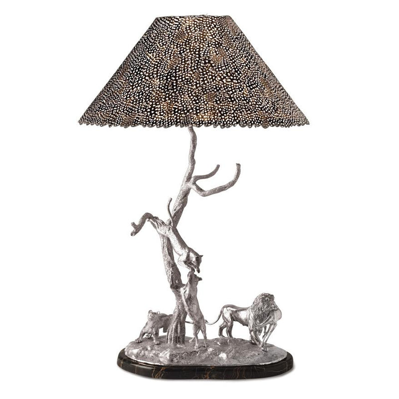 The Lion & Leopard Lamp No.2 in Sterling Silver with Guinea Fowl Feather Lampshade