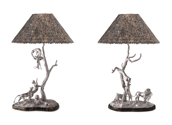 The Lion & Leopard Lamp No.1 and No.2 in Sterling Silver with Guinea Fowl Feather Lampshade