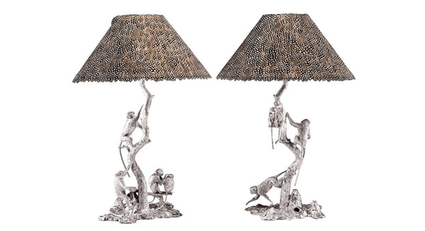 The Monkey Lamp No.1 and No.2 in Sterling Silver with Guinea Fowl Feather Lampshade