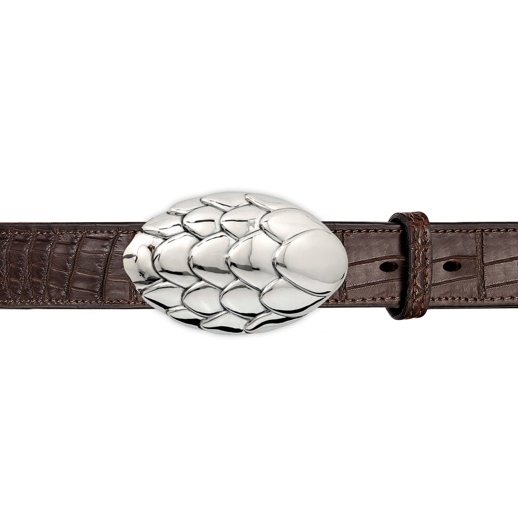 Pangolin Buckle in Sterling Silver and Brown Crocodile Skin Leather Belt Strap