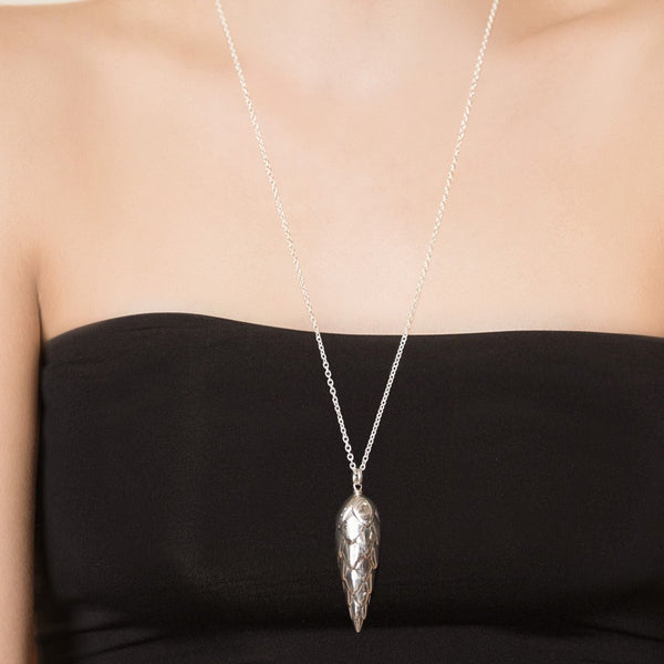 Model Wearing Large Pangolin Scale Pendant in Sterling Silver