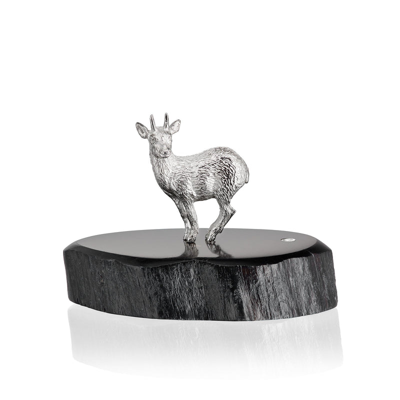 Klipspringer Male Standing Sculpture in Sterling Silver on Zimbabwean Blackwood base - Miniature