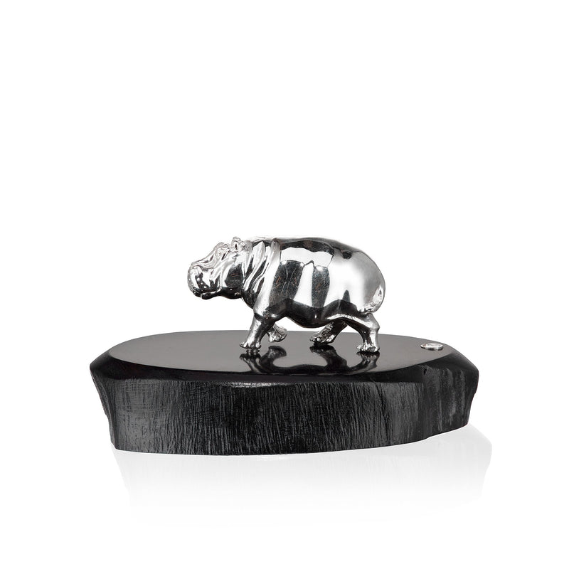 Hippo Standing Sculpture in Sterling Silver on Zimbabwean Blackwood base