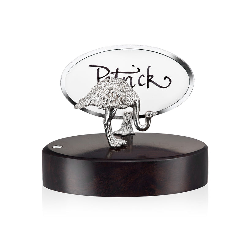 Ostrich Head Down Place Card Holder in Sterling Silver on Zimbabwean Blackwood base