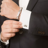 Model Wearing Hippo Cufflinks in Sterling Silver and Mens Elephant Hair Bangle in Sterling Silver
