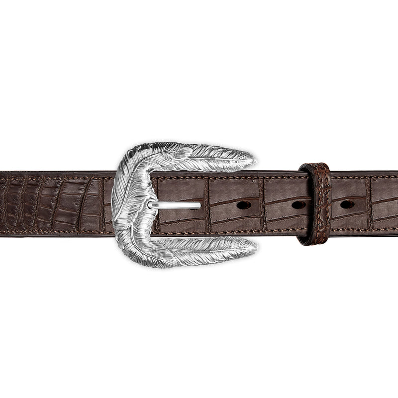 Phoenix Feather Belt Buckle in Sterling Silver and Brown Crocodile Skin Leather Belt Strap