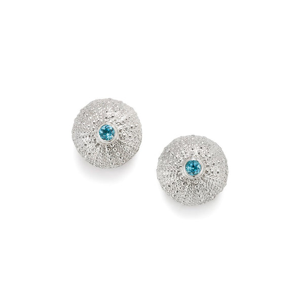 Sea Urchin Stud Earrings Blue Topaz in Sterling Silver