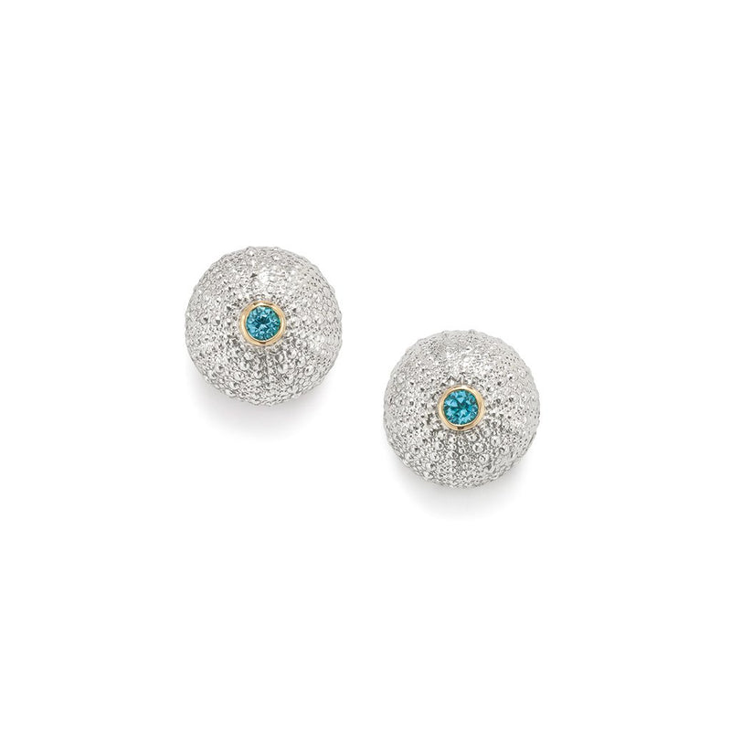 Sea Urchin Stud Earrings Blue Topaz in Sterling Silver and 18K Gold