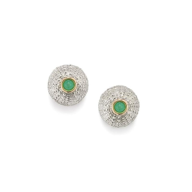 Sea Urchin Stud Earrings Chrysoprase in Sterling Silver and 18K Gold
