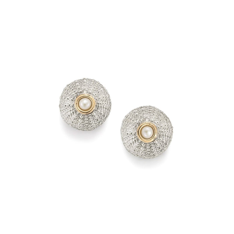 Sea Urchin Stud Earrings Pearl in Sterling Silver and 18K Gold