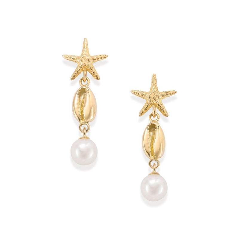 Starfish and Cowrie Drop Earrings in 18K Gold