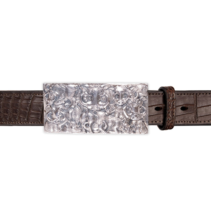 Warthog Belt Buckle in Sterling Silver and Brown Crocodile Skin Leather Belt Strap