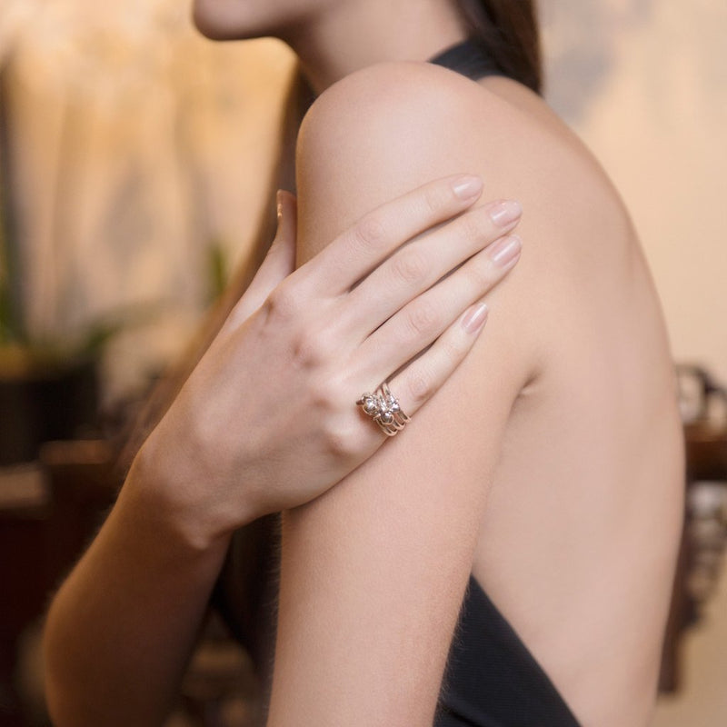 Model Wearing ZoZo Elephant Stacking Ring Bull and Cow and Calf Set in Sterling Silver
