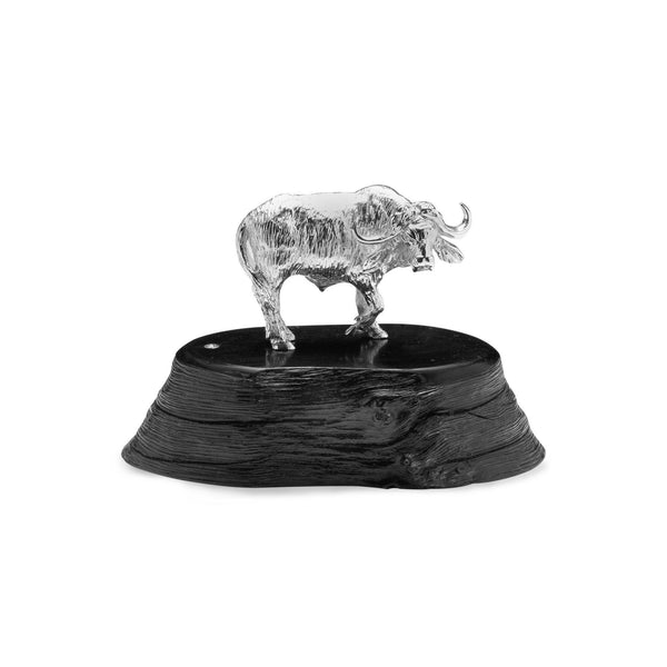 Buffalo Bull in Sterling Silver on Zimbabwean Blackwood base - Medium