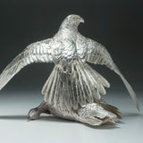 Saker Falcon Mantling & Houbara Bustard Sculpture in Sterling Silver
