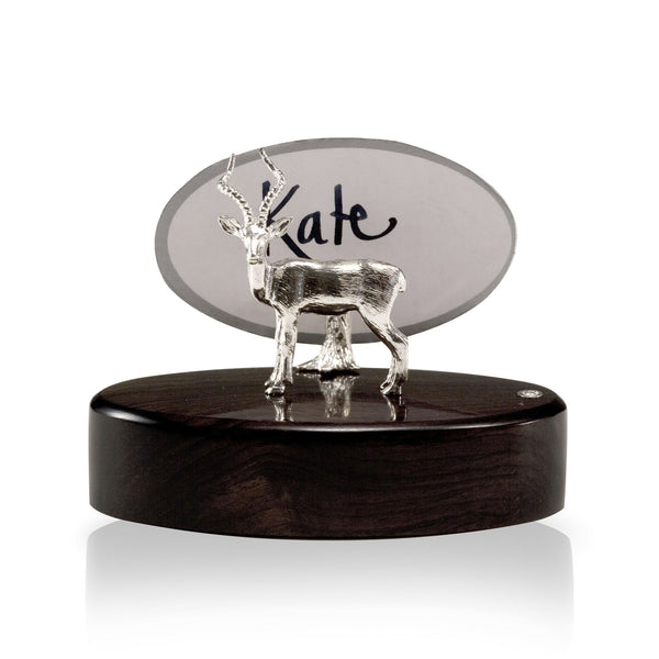 Impala Place Card Holder in Sterling Silver on Zimbabwean Blackwood base