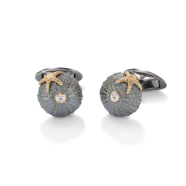 Sea Urchin Starfish Oxidised Cufflinks in Sterling Silver and 18K Gold