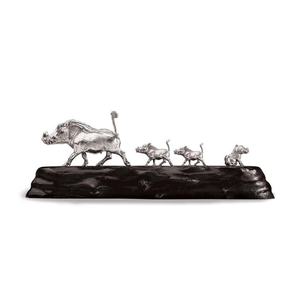 Warthog Family Running Sculpture in Sterling Silver on Zimbabwean Blackwood base - Large