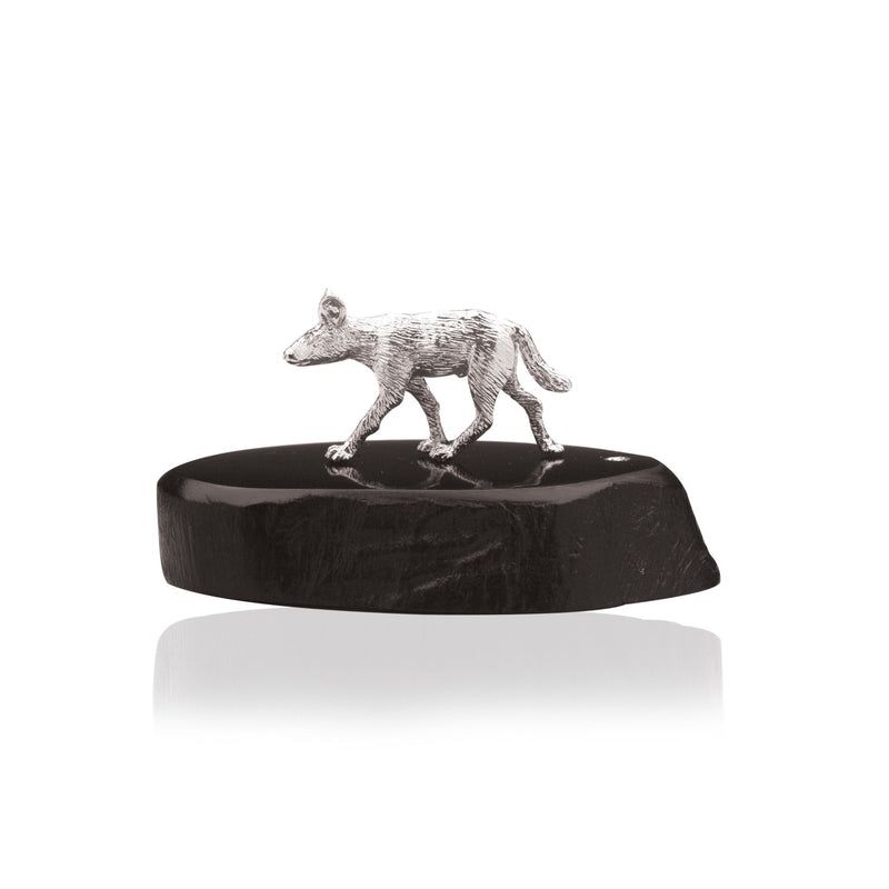 Wild Dog Sculpture in Sterling Silver on Zimbabwean Blackwood base - Miniature